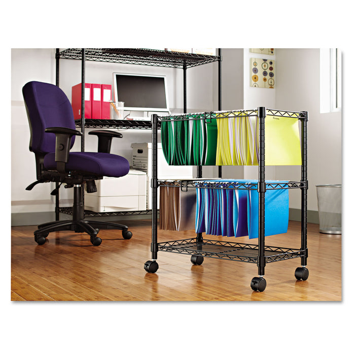 Two-Tier File Cart for Front-to-Back + Side-to-Side Filing, Metal, 1 Shelf, 3 Bins, 26" x 14" x 29.5", Black