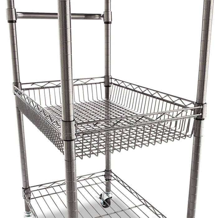 Three-Tier Wire Cart with Basket, Metal, 2 Shelves, 1 Bin, 500 lb Capacity, 28" x 16" x 39", Black Anthracite