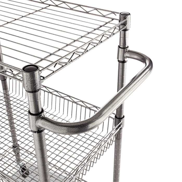 Three-Tier Wire Cart with Basket, Metal, 2 Shelves, 1 Bin, 500 lb Capacity, 28" x 16" x 39", Black Anthracite