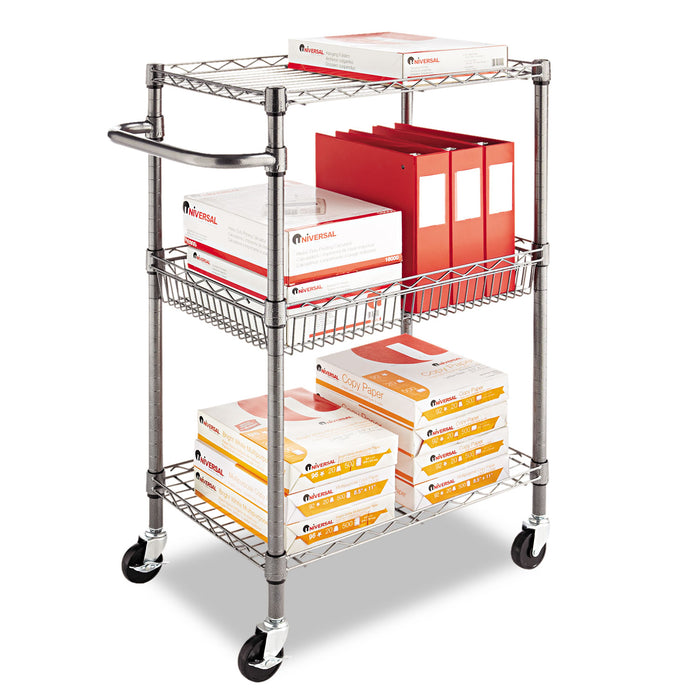 Three-Tier Wire Cart with Basket, Metal, 2 Shelves, 1 Bin, 500 lb Capacity, 28" x 16" x 39", Black Anthracite