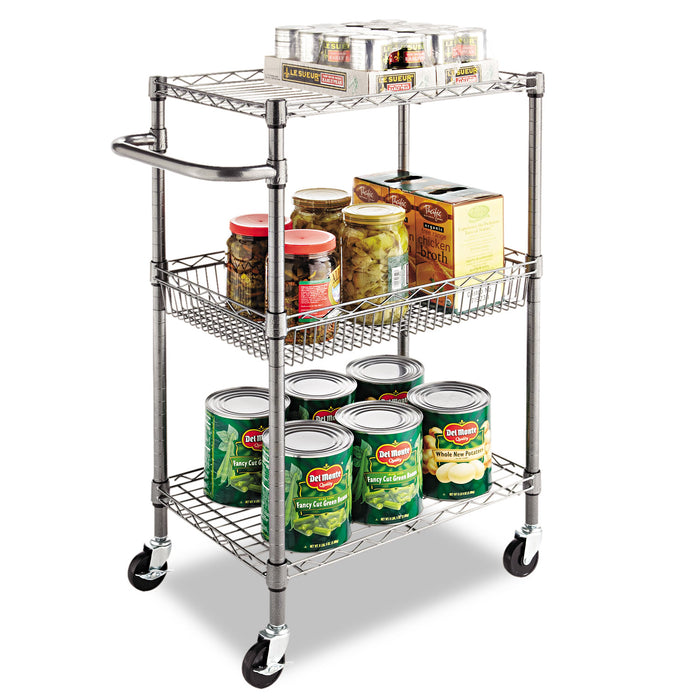 Three-Tier Wire Cart with Basket, Metal, 2 Shelves, 1 Bin, 500 lb Capacity, 28" x 16" x 39", Black Anthracite