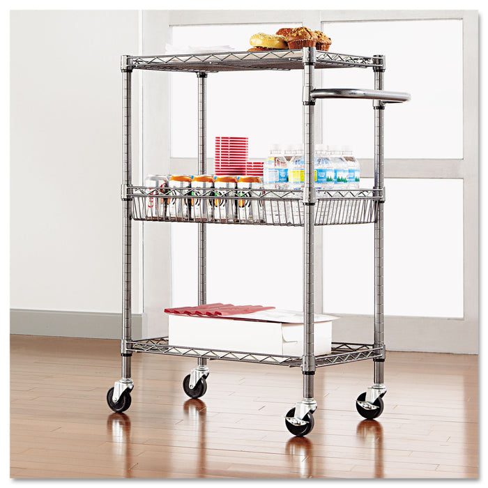 Three-Tier Wire Cart with Basket, Metal, 2 Shelves, 1 Bin, 500 lb Capacity, 28" x 16" x 39", Black Anthracite