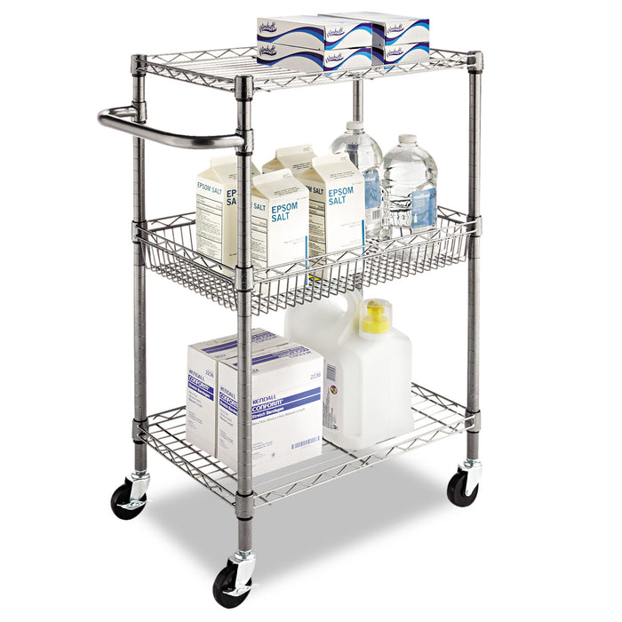 Three-Tier Wire Cart with Basket, Metal, 2 Shelves, 1 Bin, 500 lb Capacity, 28" x 16" x 39", Black Anthracite