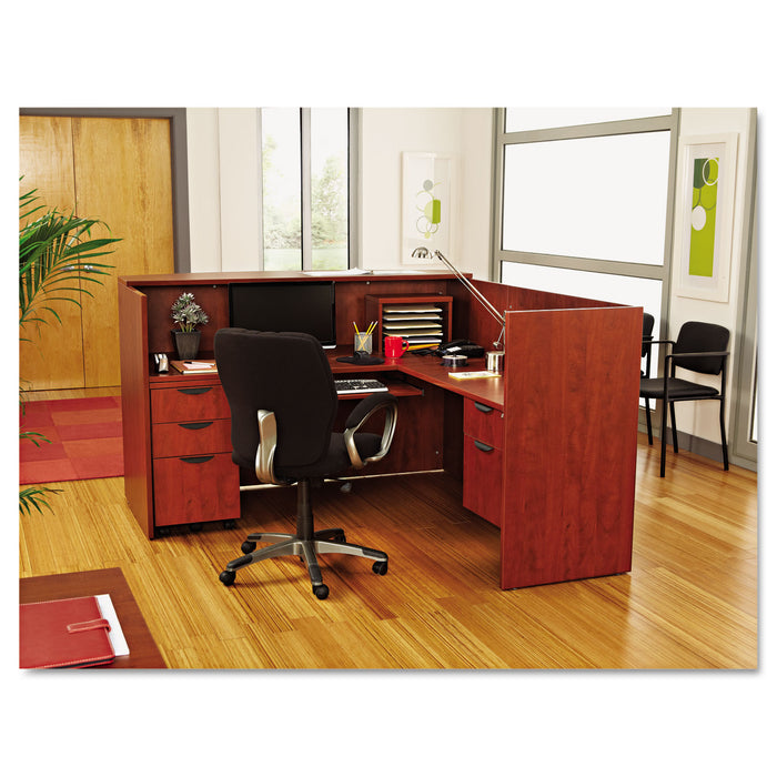 Alera Valencia Series Reception Desk with Transaction Counter, 71" x 35.5" x 29.5" to 42.5", Medium Cherry