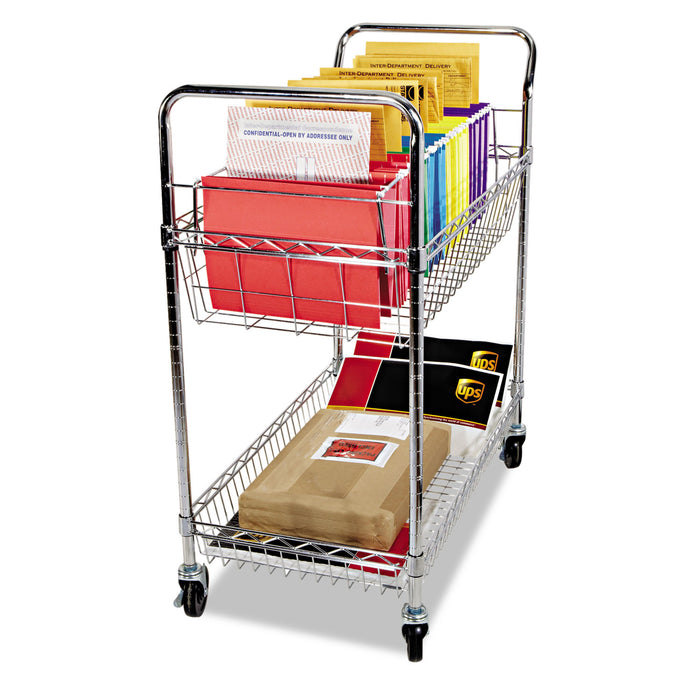 Carry-all Mail Cart, Metal, 1 Shelf, 1 Bin, 34.88" x 18" x 39.5", Silver