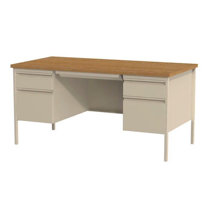 Double Pedestal Steel Desk, 60" x 30" x 29.5", Cherry/Putty, Putty Legs