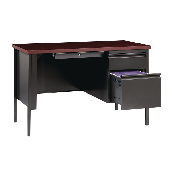 Single Pedestal Steel Desk, 45" x 24" x 29.5", Mahogany/Charcoal, Charcoal Legs