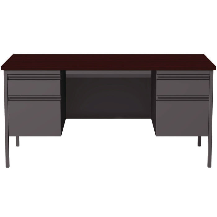 Double Pedestal Steel Desk, 60" x 30" x 29.5", Mahogany/Charcoal, Charcoal Legs