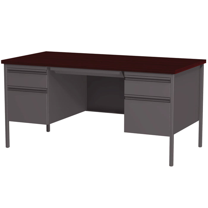 Double Pedestal Steel Desk, 60" x 30" x 29.5", Mahogany/Charcoal, Charcoal Legs