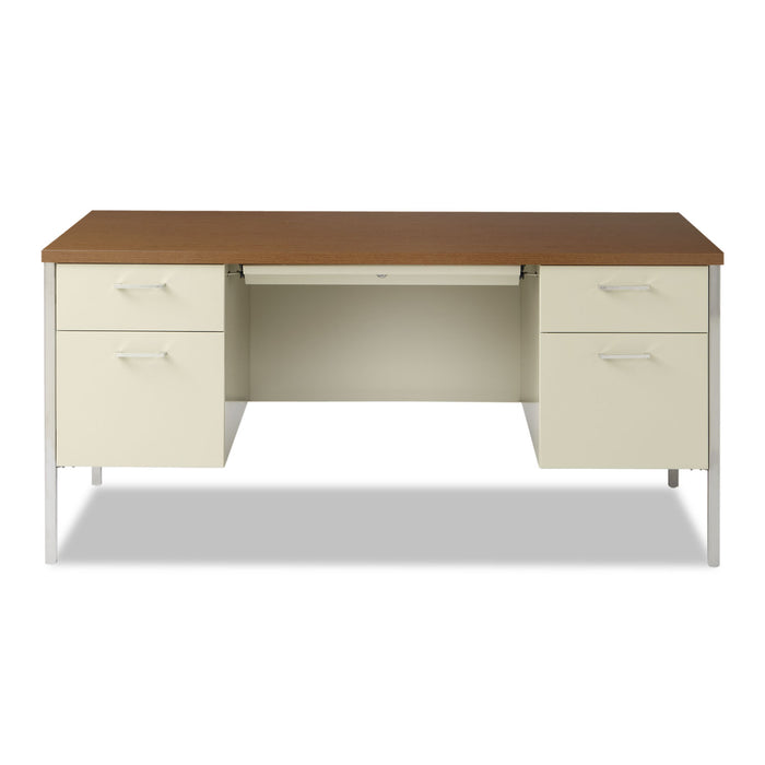 Double Pedestal Steel Desk, 60" x 30" x 29.5", Cherry/Putty