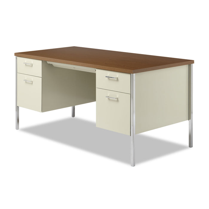 Double Pedestal Steel Desk, 60" x 30" x 29.5", Cherry/Putty