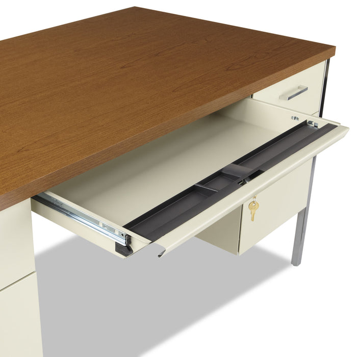 Double Pedestal Steel Desk, 60" x 30" x 29.5", Cherry/Putty