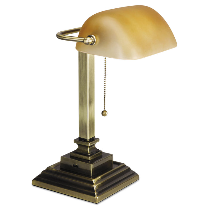 Traditional Banker's Lamp with USB, 10w x 10d x 15h, Antique Brass