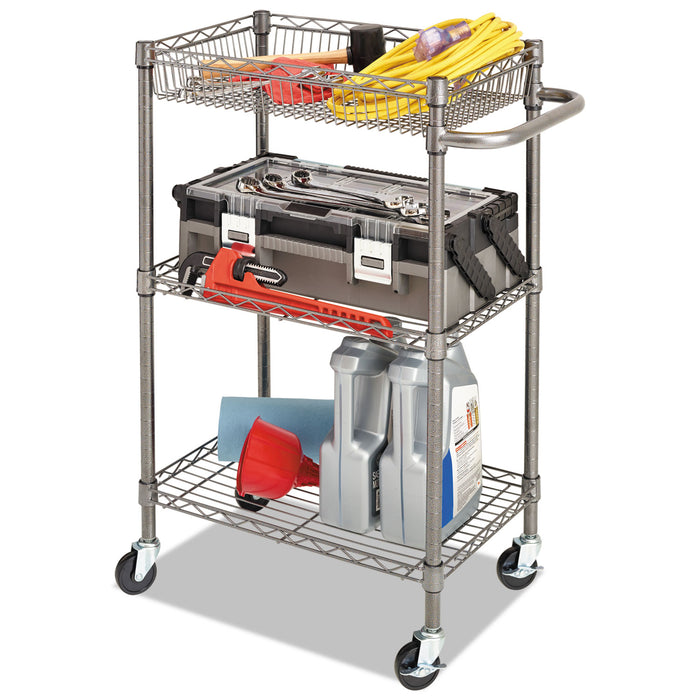 Three-Tier Wire Cart with Basket, Metal, 2 Shelves, 1 Bin, 500 lb Capacity, 28" x 16" x 39", Black Anthracite