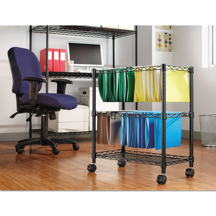 Two-Tier File Cart for Front-to-Back + Side-to-Side Filing, Metal, 1 Shelf, 3 Bins, 26" x 14" x 29.5", Black