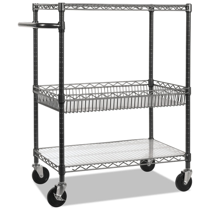 Three-Tier Wire Cart with Basket, Metal, 2 Shelves, 1 Bin, 500 lb Capacity, 34" x 18" x 40", Black Anthracite