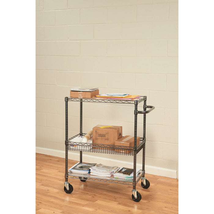 Three-Tier Wire Cart with Basket, Metal, 2 Shelves, 1 Bin, 500 lb Capacity, 34" x 18" x 40", Black Anthracite