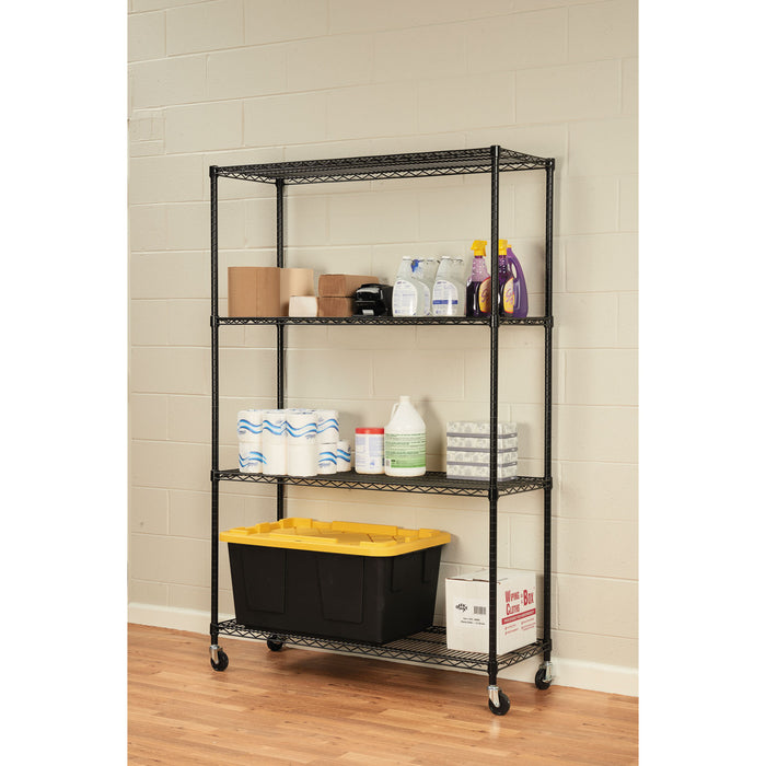 NSF Certified 4-Shelf Wire Shelving Kit with Casters, 48w x 18d x 72h, Black