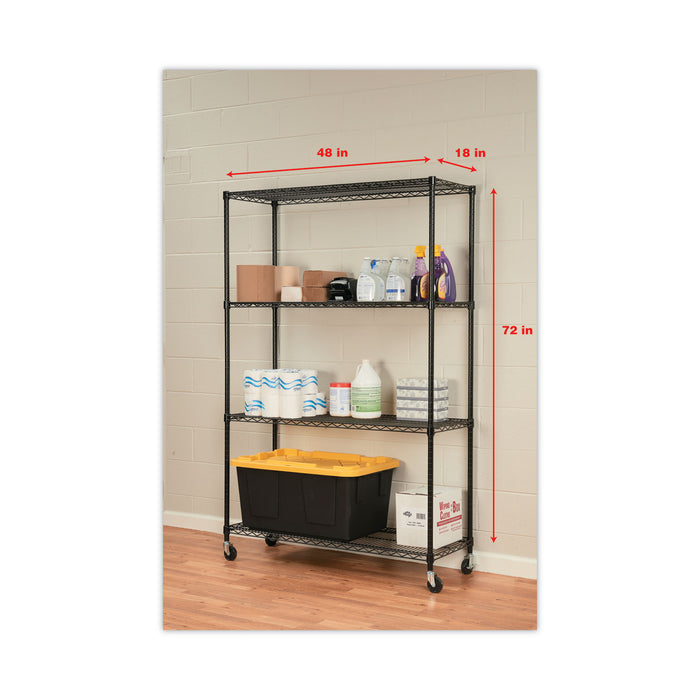 NSF Certified 4-Shelf Wire Shelving Kit with Casters, 48w x 18d x 72h, Black