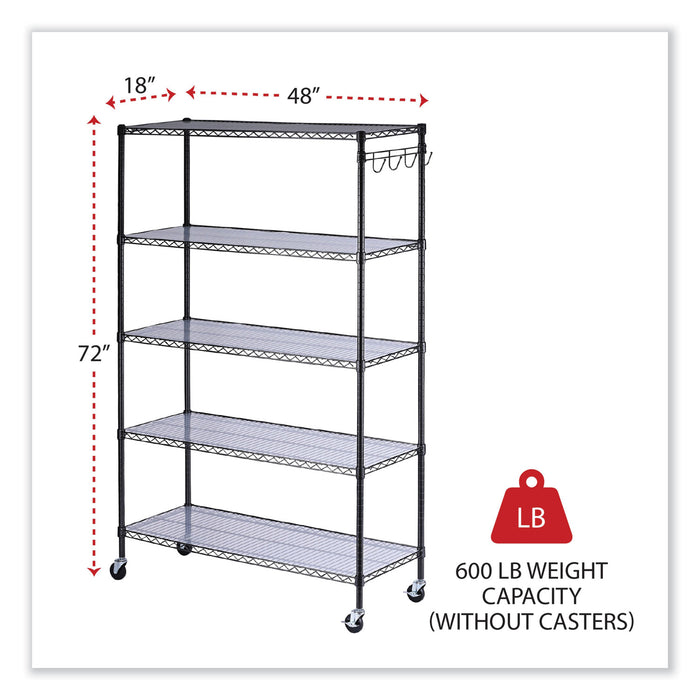 5-Shelf Wire Shelving Kit with Casters and Shelf Liners, 48w x 18d x 72h, Black Anthracite