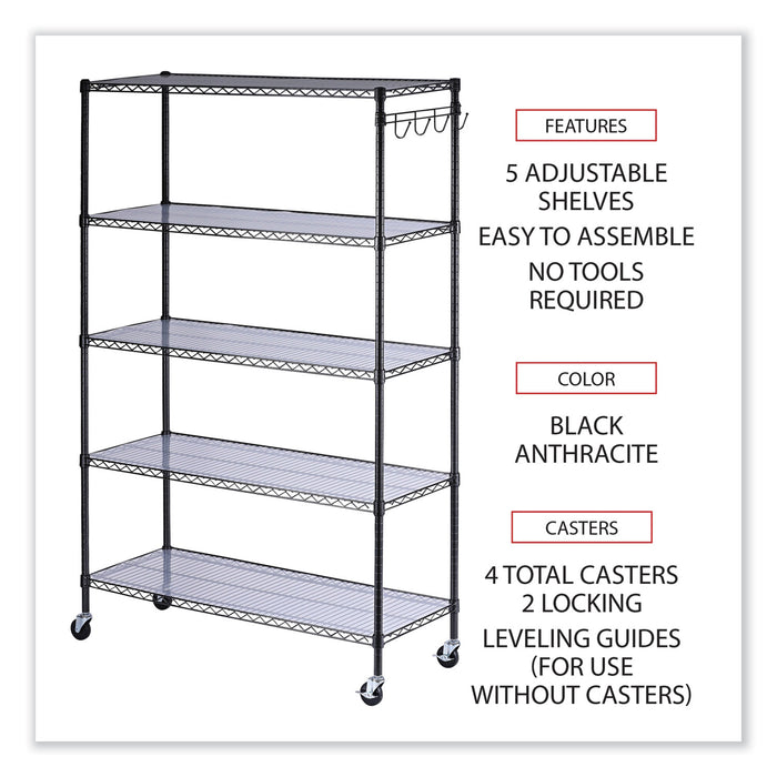 5-Shelf Wire Shelving Kit with Casters and Shelf Liners, 48w x 18d x 72h, Black Anthracite