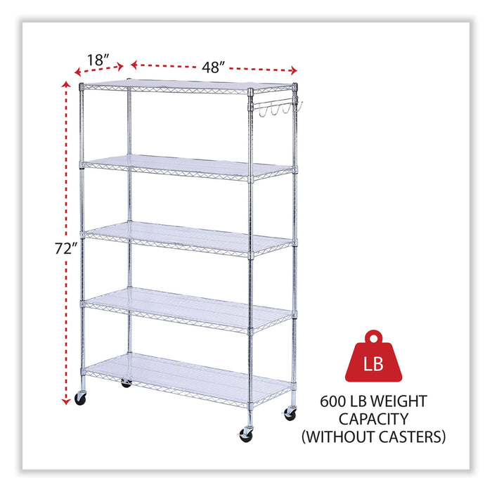 5-Shelf Wire Shelving Kit with Casters and Shelf Liners, 48w x 18d x 72h, Silver