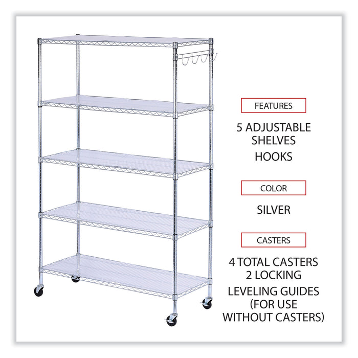 5-Shelf Wire Shelving Kit with Casters and Shelf Liners, 48w x 18d x 72h, Silver