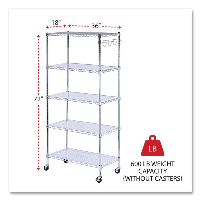 5-Shelf Wire Shelving Kit with Casters and Shelf Liners, 36w x 18d x 72h, Silver