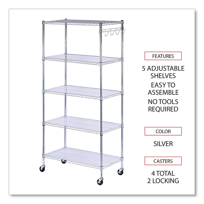 5-Shelf Wire Shelving Kit with Casters and Shelf Liners, 36w x 18d x 72h, Silver