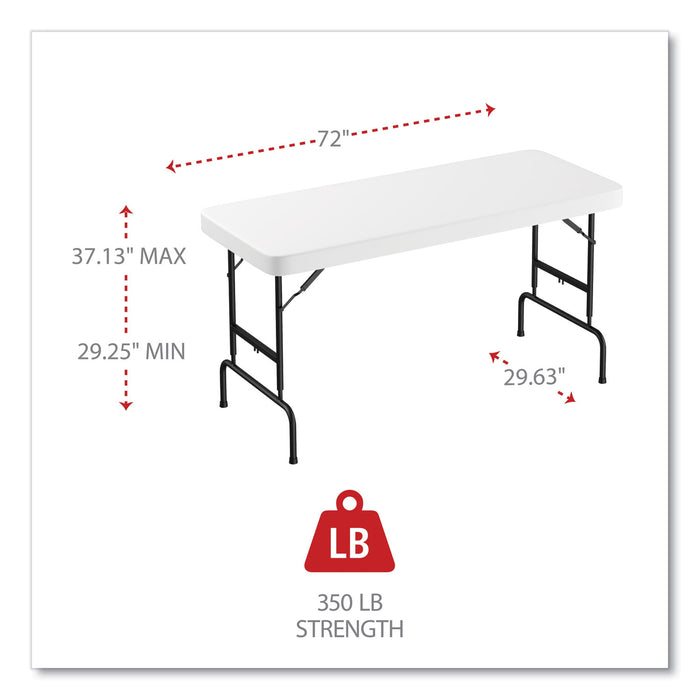 Adjustable Height Plastic Folding Table, Rectangular, 72w x 29.63d x 29.25 to 37.13h, White