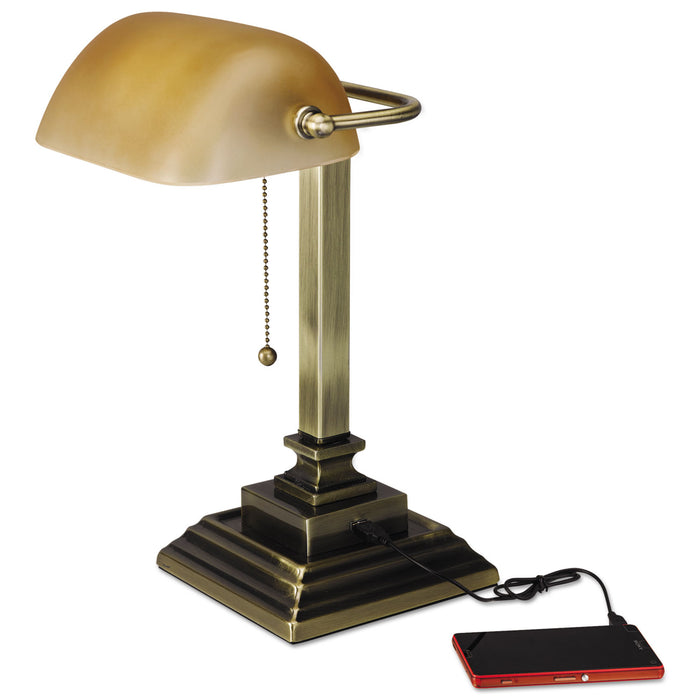 Traditional Banker's Lamp with USB, 10w x 10d x 15h, Antique Brass